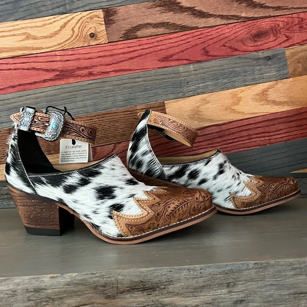 Hand-Tooled Leather strap Genuine Hide-On Women Bootie Boot Boho Western Shoe - Picture 1 of 16